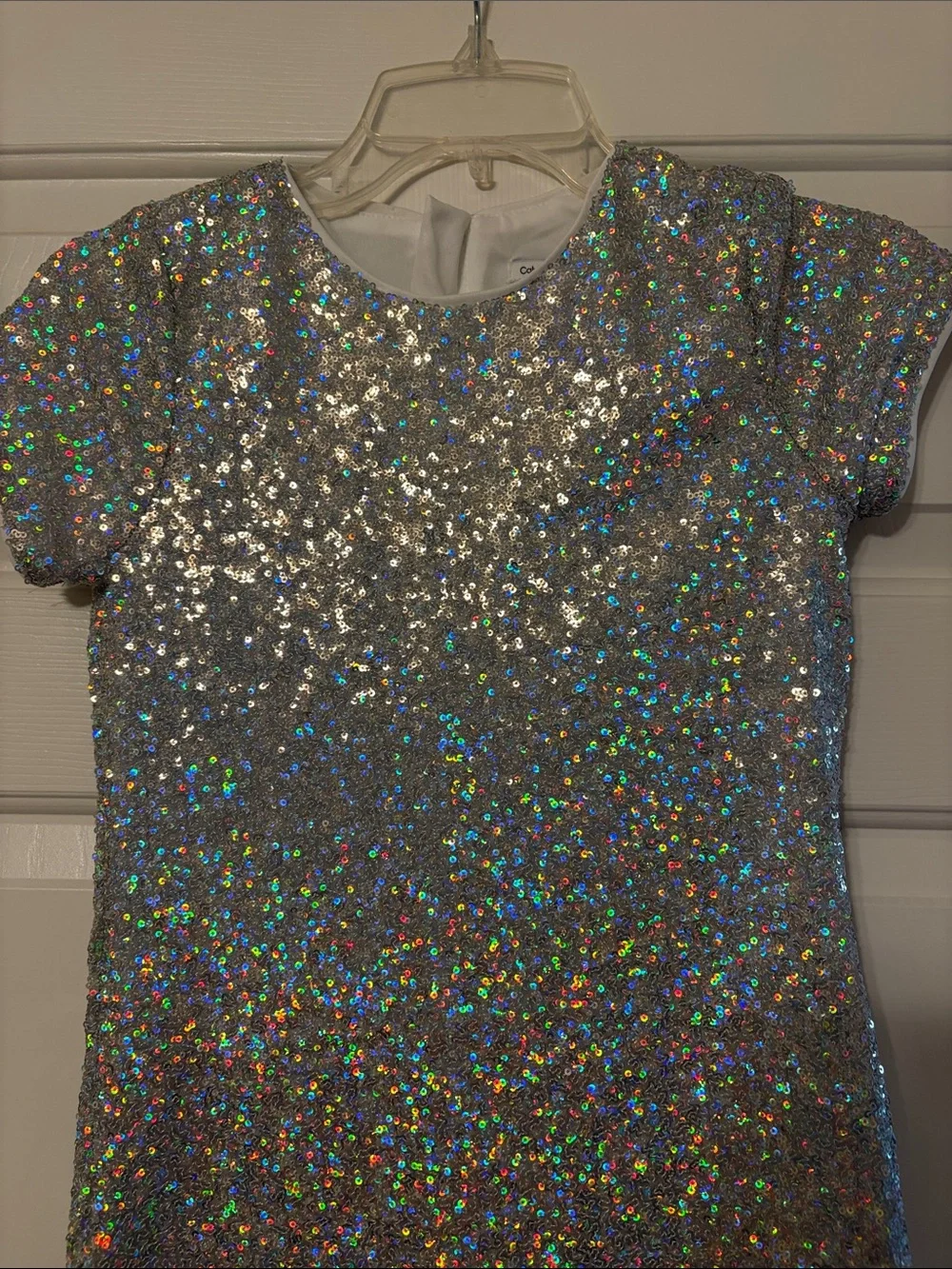Calvin Klein Girls Holographic Silver Sequin Short Sleeve Dress